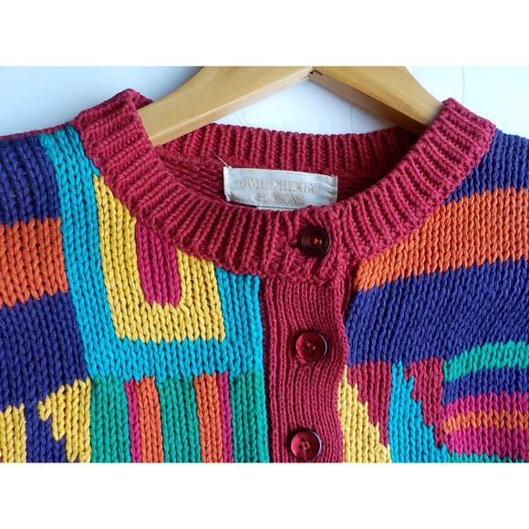 Vtg John Henry Pink Sweater Women Medium Geometric Multicolor Y2K Ramie Button - Picture 7 of 11